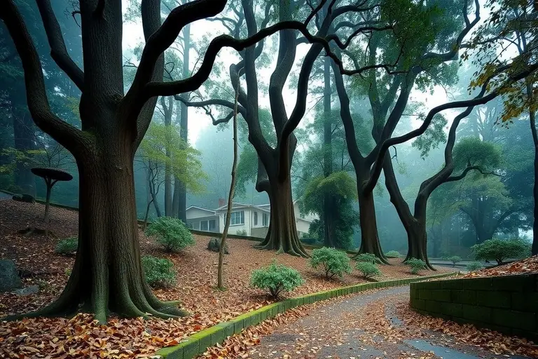 Leaves covering a drain grate on a steep wooded driveway in Orinda